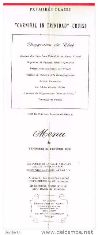 GRAND MENU -  PAQUEBOT " FRANCE " Chef Des Cuisines ; R. GRANGIER ... ( 25 FEVRIER 1966 ...) Signé... MAC AVOY 61 - Menus