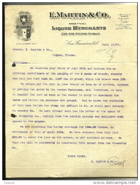 Courrier Commercial E. Martin & Co. San Francisco CA California Liquor Merchants - Whiskies Whiskey Whisky - Verenigde Staten