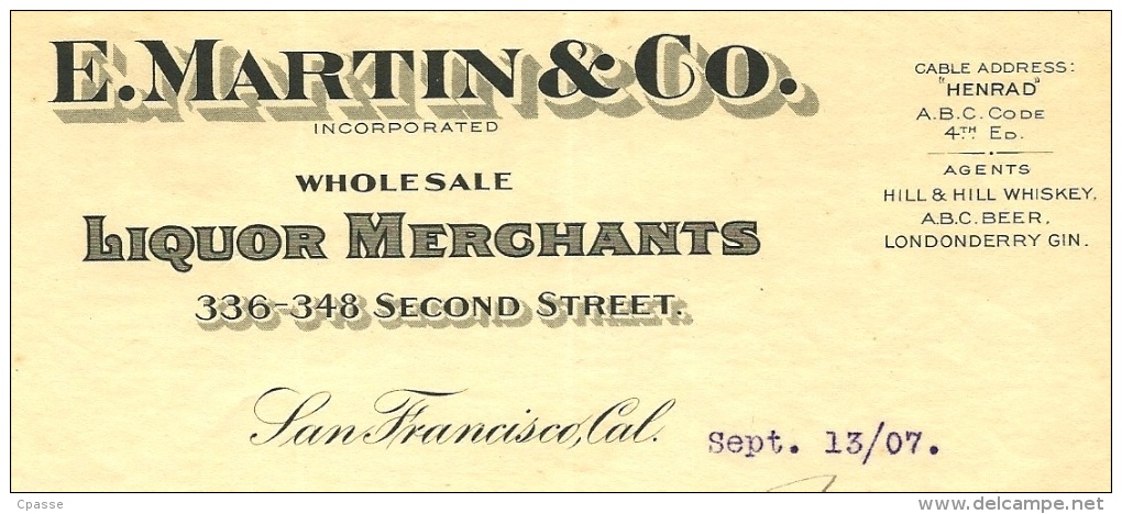 Courrier Commercial E. Martin & Co. San Francisco CA California Liquor Merchants - Whiskies Whiskey Whisky - Etats-Unis