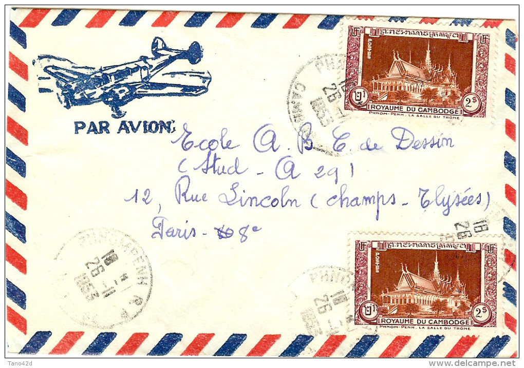 LPP7/B - CAMBODGE - LETTRE   AVION  PHNOMPENH / PARIS  26/11/1953 - Cambodge