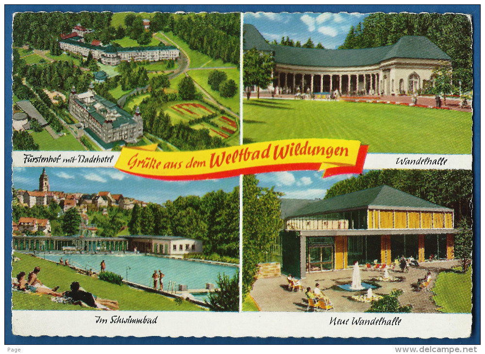 Bad Wildungen,4-Bild-Karte,1962,Grüße Aus Dem Weltbad,Fürstenhof Mit Badehotel,Wandelhalle,Schwimmbad,Neue Wandelhalle, - Bad Wildungen