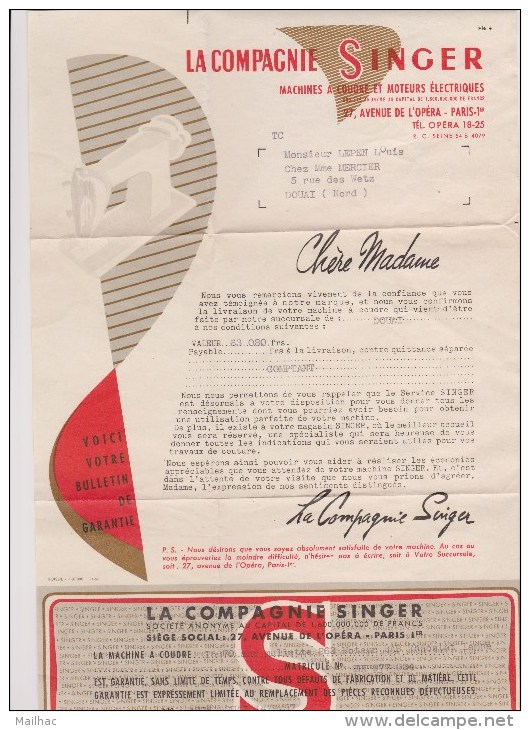 COMPAGNIE SINGER - FACTURE - QUITTANCE Avec Timbres Fiscaux - 1957 - 2 Documents - 4 Scans - Autres & Non Classés
