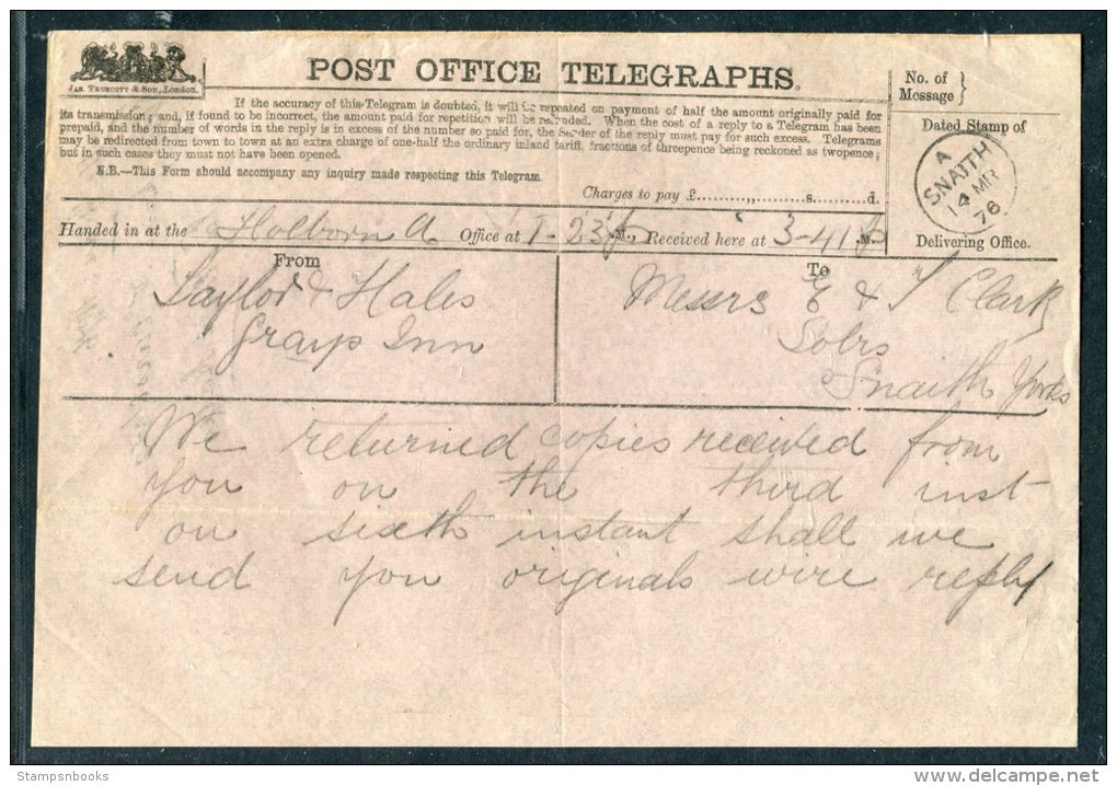 1876 GB Post Office Telegraph Snaith, Yorkshire - Grays Inn - Other & Unclassified