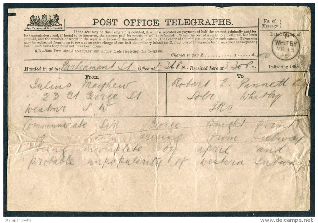 1876 GB Post Office Telegraph London Parliament Street - Whitby Yorkshire - Other & Unclassified