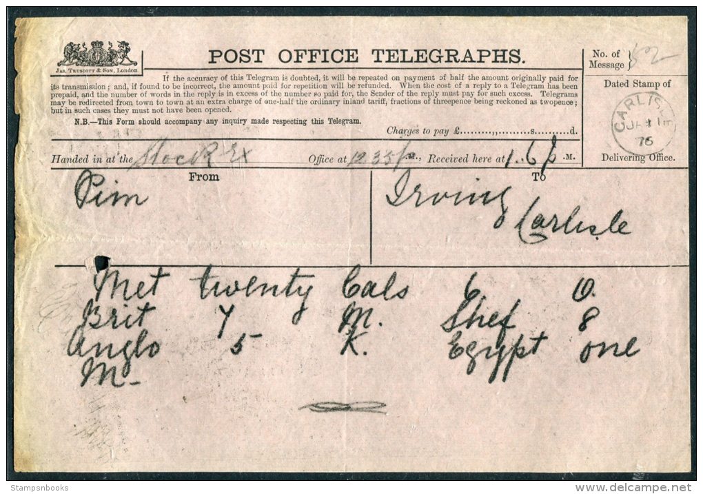 1876 GB Post Office Telegraph Carlisle - Other & Unclassified