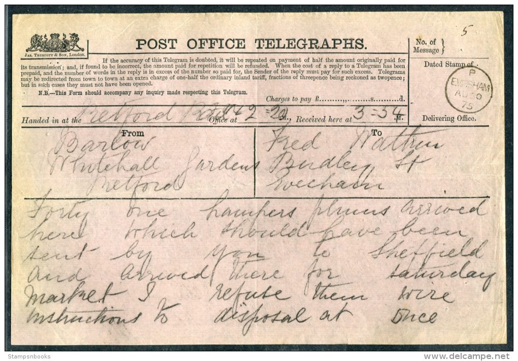 1875 GB Post Office Telegraph Retford - Evesham - Other & Unclassified