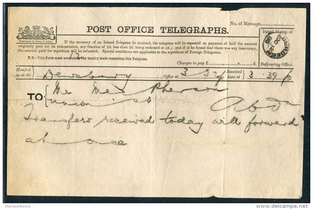 1888 GB Post Office Telegraph Dewsbury - Aberdeen - Other & Unclassified