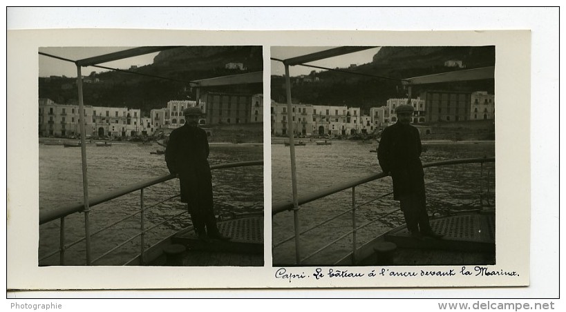 Italie Capri Bateau à L'ancre Devant La Marina Ancienne Stereo Photo Stereoscope Possemiers 1910 - Photos Stéréoscopiques