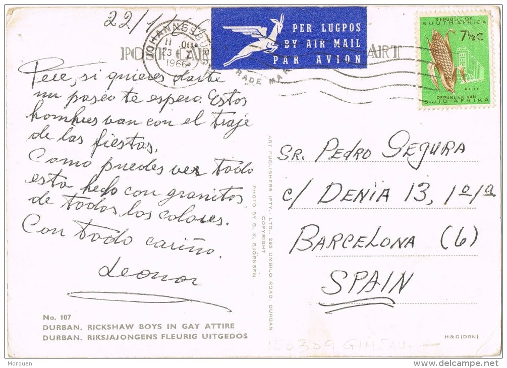 13187. Postal Aerera JOHANNESBURG (South Africa) 1966. DURBAN Rickshaw Boys In Gay Attire - Lettres & Documents
