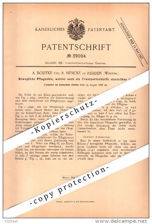 Original Patent - A. Bodtke Und R. Hencke In Rehden / Radzyn Chelminski , 1886 , Pflug , Agrar , Westpreussen !!! - Westpreussen