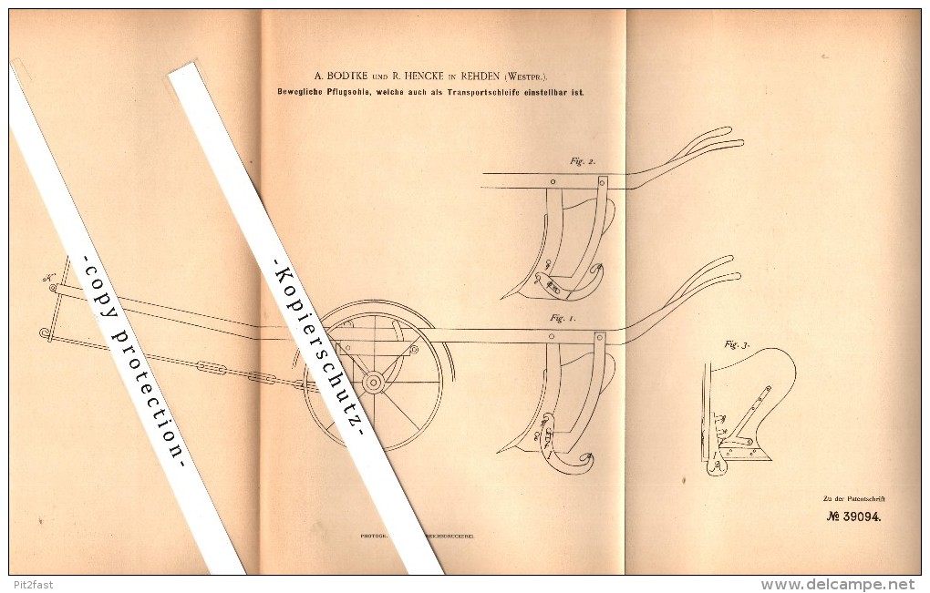 Original Patent - A. Bodtke Und R. Hencke In Rehden / Radzyn Chelminski , 1886 , Pflug , Agrar , Westpreussen !!! - Westpreussen