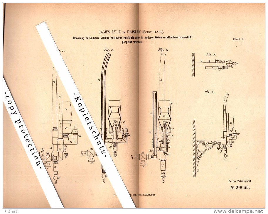 Original Patent - James Lyle In Paisley , Scotland , 1886 , Lamps With Atomized Fuel !!! - Renfrewshire