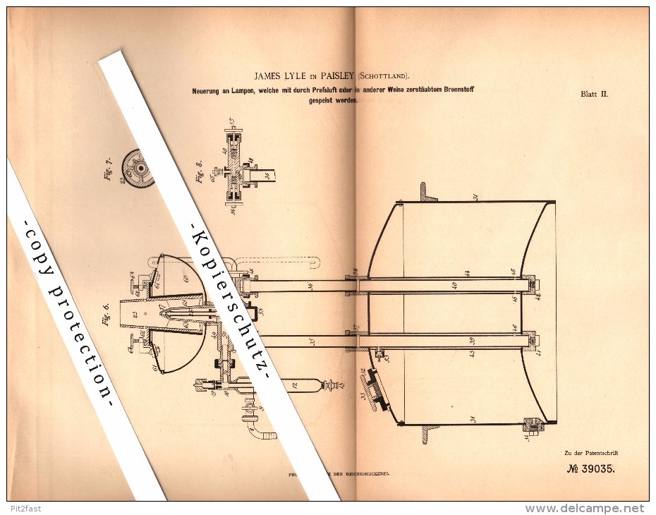 Original Patent - James Lyle In Paisley , Scotland , 1886 , Lamps With Atomized Fuel !!! - Renfrewshire