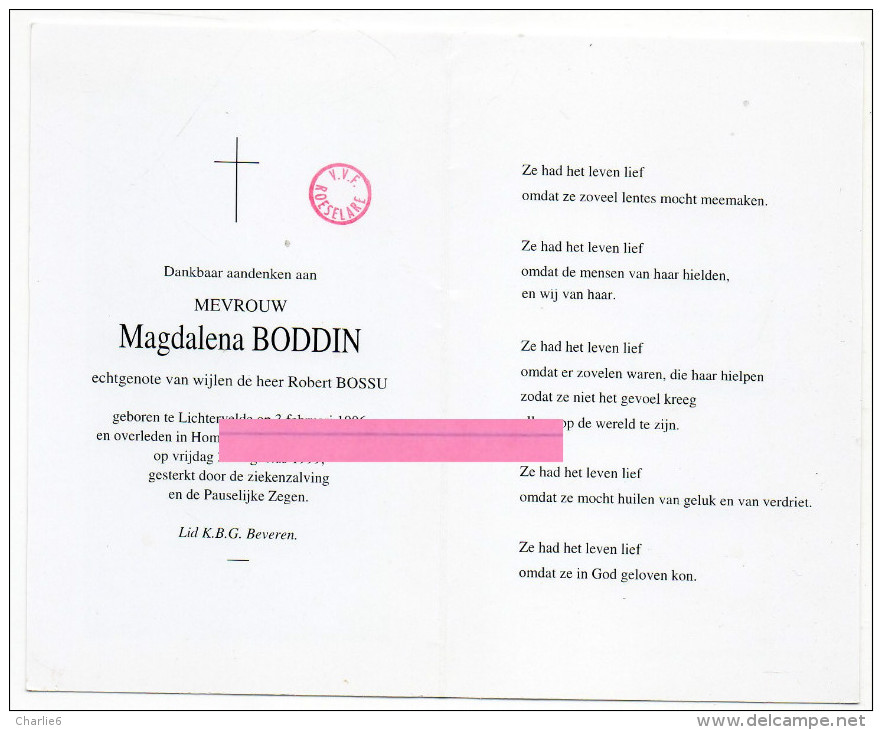 Boddin Magdalena Bossu Volcke Gremonprez Lichtervelde Roeselare Bidprentje Doodsprentje - Religione & Esoterismo