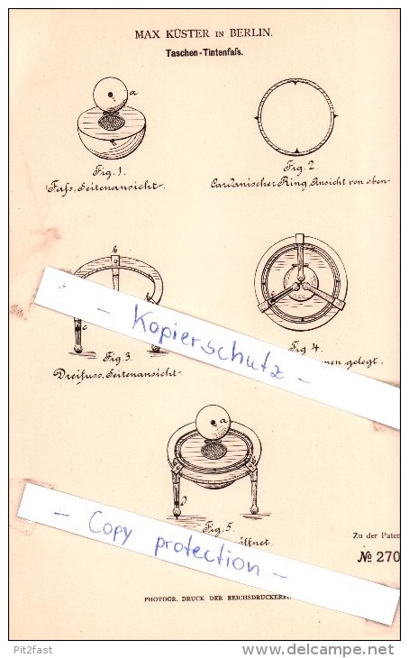 Original Patent - Max Küster In Berlin , 1883 , Taschen-Tintenfaß !!! - Calamai