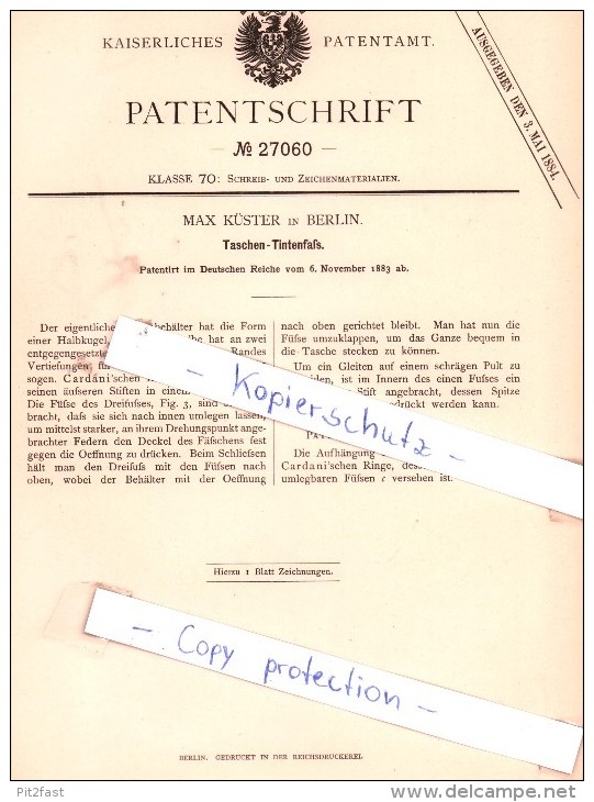 Original Patent - Max Küster In Berlin , 1883 , Taschen-Tintenfaß !!! - Encriers