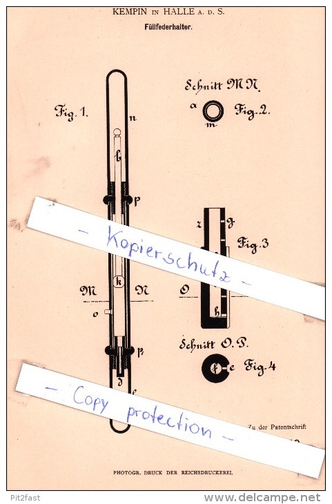 Original Patent - Kempin In Halle A. D. S. , 1883 , Füllfederhalter , Federhalter !!! - Schreibgerät