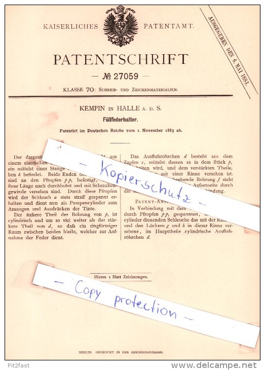 Original Patent - Kempin In Halle A. D. S. , 1883 , Füllfederhalter , Federhalter !!! - Schreibgerät