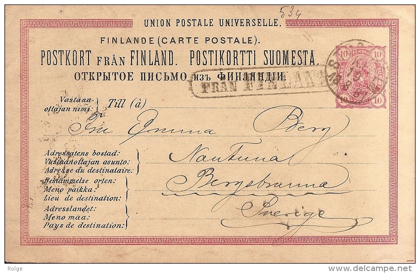 LD-534      Briefkaart     FRAN FINLAND    STOCKHOLM 1887          Naar     BERGEBRAUNA  SVERIGE - Postal Stationery