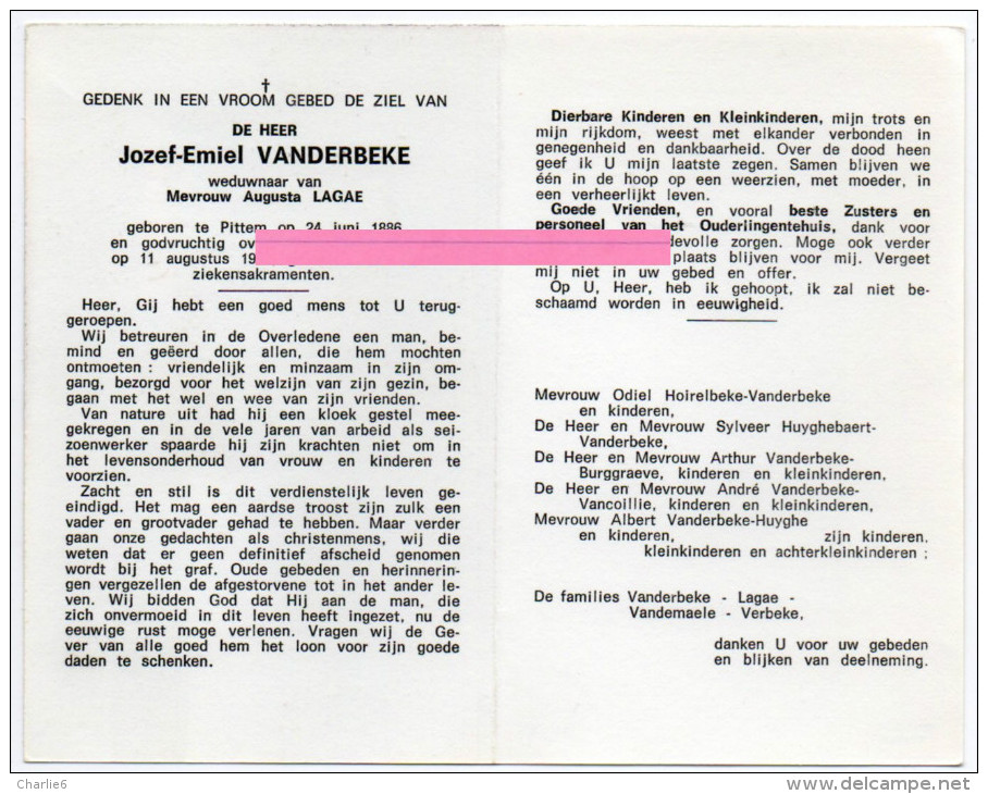 Vanderbeke Jozef Emiel Lagae Vandemaele Verbeke Pittem 1886  Bidprentje Doodsprentje - Religione & Esoterismo