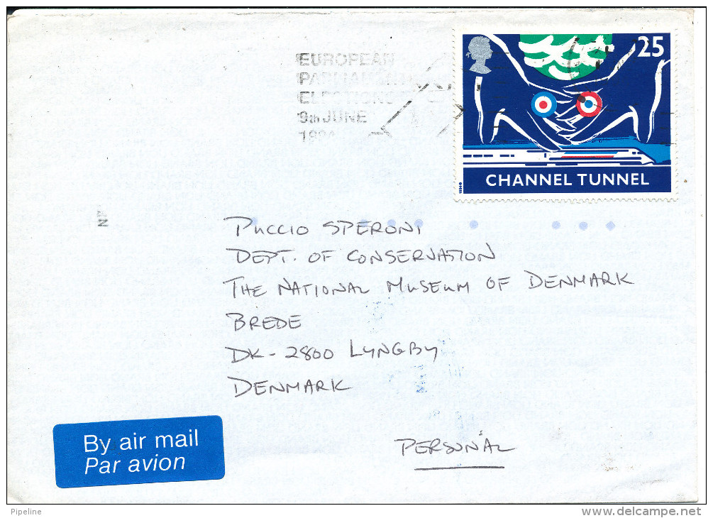 Great Britain Cover Sent To Denmark With 25 P. Channel Tunnel Single Stamp - Lettres & Documents