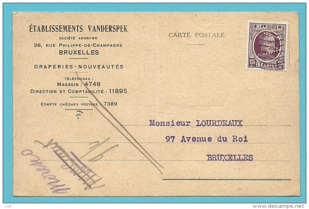 195 Op Kaart Met Firmaperforatie (perfin) "V.A." Van Etablissement VANDERSPEK à Bruxelles - 1909-34