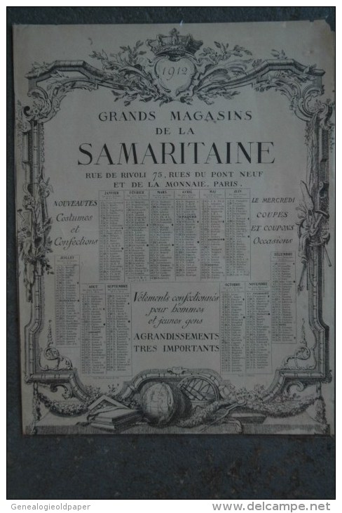 75- PARIS - BEAU CALENDRIER 1912 DES GRANDS MAGASINS DE LA SAMARITAINE- 75 RUE DE RIVOLI- RUES PONT NEUF ET MONNAIE - Grand Format : 1901-20