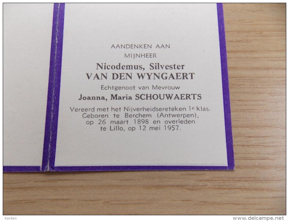 Doodsprentje Nicodemus Silvester Van Den Wyngaert Berchem 26/3/1898 Lillo 12/5/1957 ( Joanna Maria Schouwaerts ) - Religione & Esoterismo