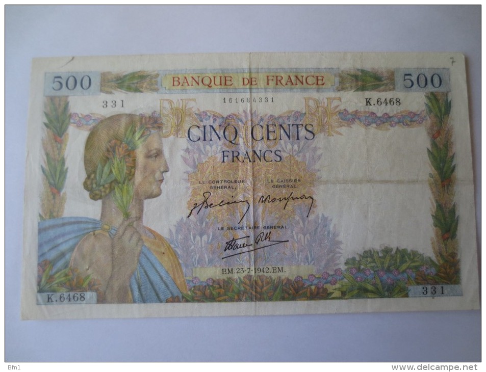 BILLET  500 FRANCS  -1942- VOIR PHOTOS - 500 F 1940-1944 ''La Paix''