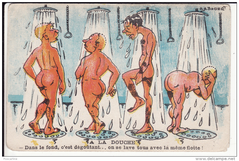 Humour, Hommes Nus, La Douche,  Signée A B Badzrt , 2 Scans - Humor