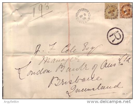 AUSTRALIA -ELSTERNWICK - BRISBANE 1909 REG. MONEY ORDER - Marcophilie