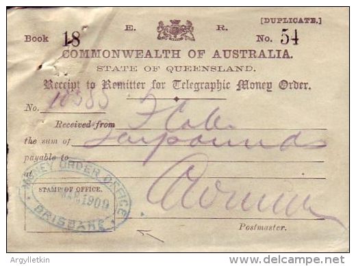 AUSTRALIA -ELSTERNWICK - BRISBANE 1909 REG. MONEY ORDER - Marcophilie