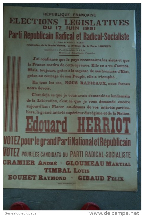 87-LIMOGES -RARE AFFICHE POLITIQUE-ELECTIONS LEGISLATIVES 1951-PARTI REPUBLICAIN ET RADICAL SOCIALISTE- EDOUARD HERRIOT - Posters