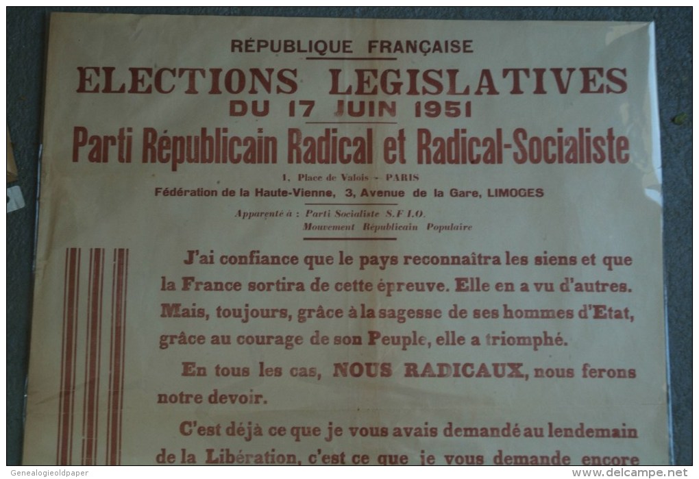 87-LIMOGES -RARE AFFICHE POLITIQUE-ELECTIONS LEGISLATIVES 1951-PARTI REPUBLICAIN ET RADICAL SOCIALISTE- EDOUARD HERRIOT - Affiches