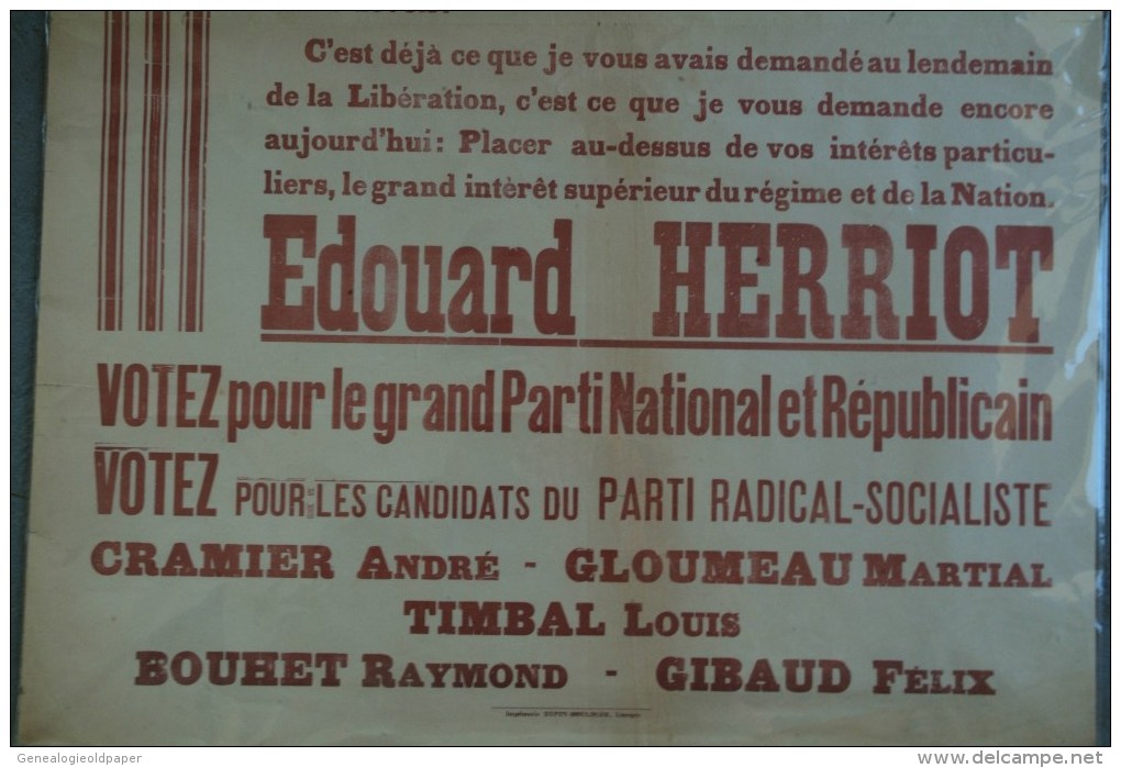 87-LIMOGES -RARE AFFICHE POLITIQUE-ELECTIONS LEGISLATIVES 1951-PARTI REPUBLICAIN ET RADICAL SOCIALISTE- EDOUARD HERRIOT - Posters