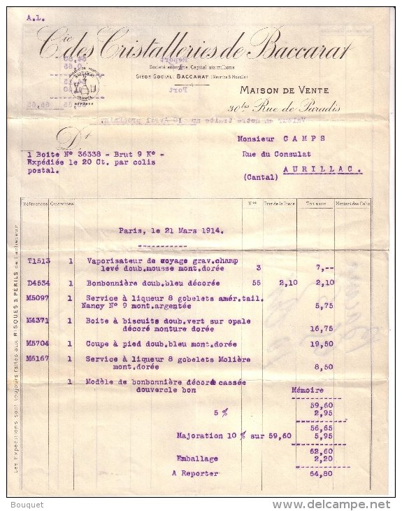 PARIS - BACCARAT , MEURTHE ET MOSELLE - CIE DES CRISTALLERIES DE BACCARAT - 1914 - 1900 – 1949