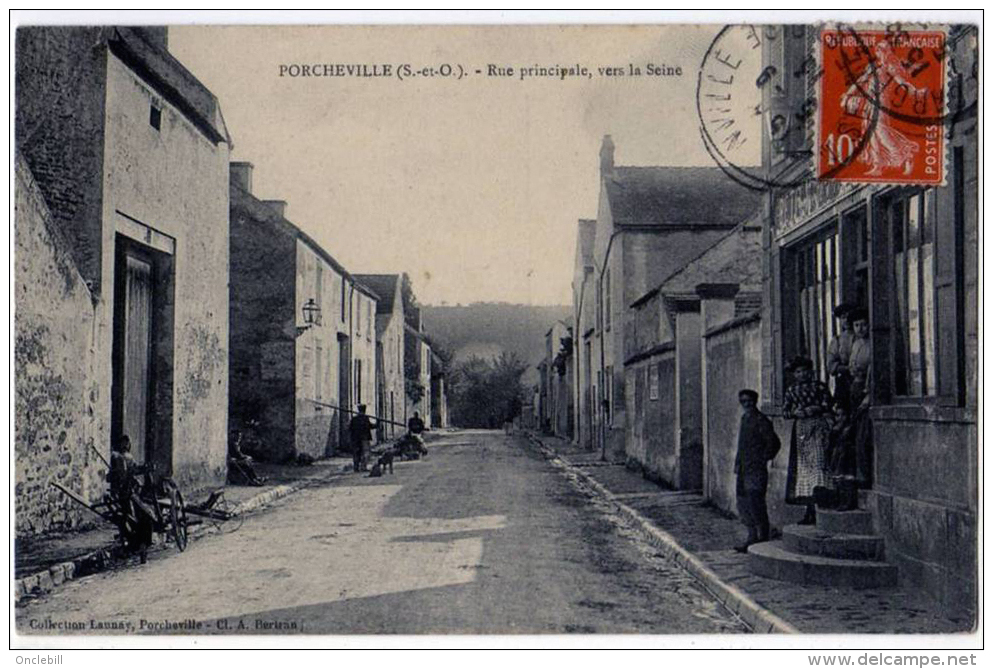 Porcheville Yvelines Rue Principale Animée Boutique Charrue 1913 Très Bon état - Porcheville