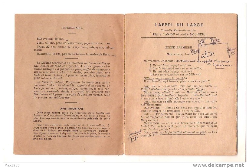 Pierre D'ANJOU Et André MOUNIER - L'APPEL DU LARGE - Comédie Dramatique En Un Acte- 1943 - Franse Schrijvers