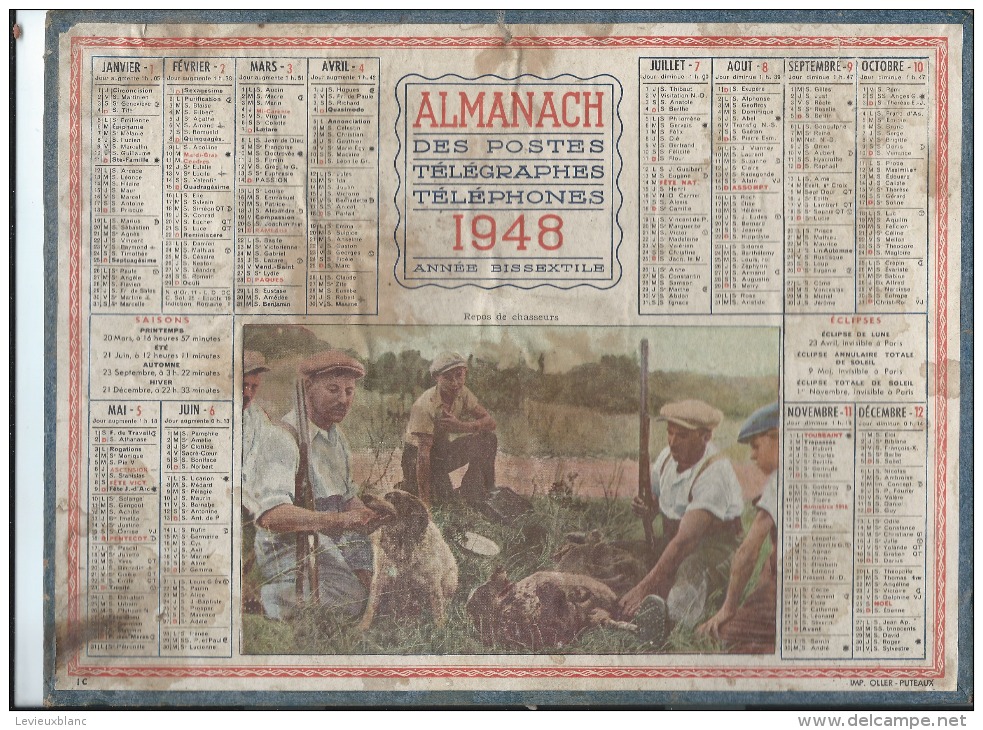 Calendrier/Almanach Postes -Télégraphes-Téléphones /Repos De Chasseurs/OLLER /Puteaux/ 1948    CAL191 - Grand Format : 1941-60