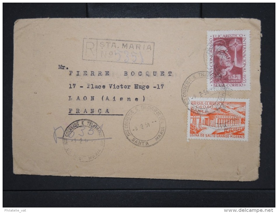 BRESIL-Enveloppe En Recommandée De Santa Maria Pour La France En 1956 Avec Vignettes Au Verso  à Voir  P6009 - Brieven En Documenten