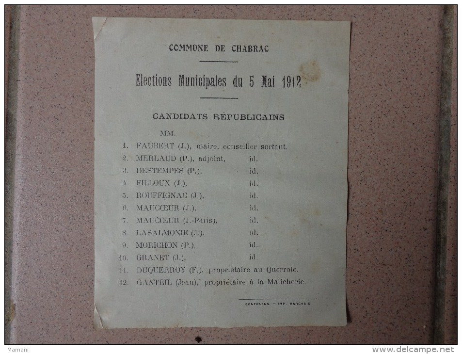 Affiche Commune De Chabrac-- Elections Municipales Du 5 Mai 1912 Candidats Republicains + Anotations Au Verso - Plakate