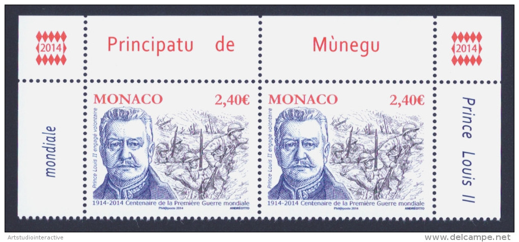 2014 MONACO "CENTENARY OF THE FIRST WORLD WAR - PRINCE LOUIS II" COPPIA MNH - Unused Stamps