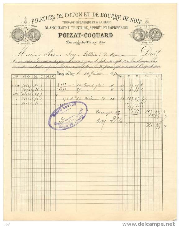 FACTURE LETTRE : BOURG DE THIZY . POIZAT COQUARD . FILATURE DE COTON ET DE BOURRE DE SOIE . - Otros & Sin Clasificación