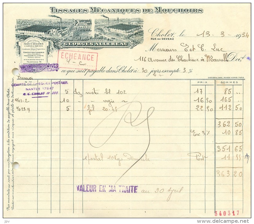 FACTURE LETTRE : CHOLET . GEORGES ALLEREAU . TISSAGES MECANIQUES DE MOUCHOIRS . 1934 . - Autres & Non Classés
