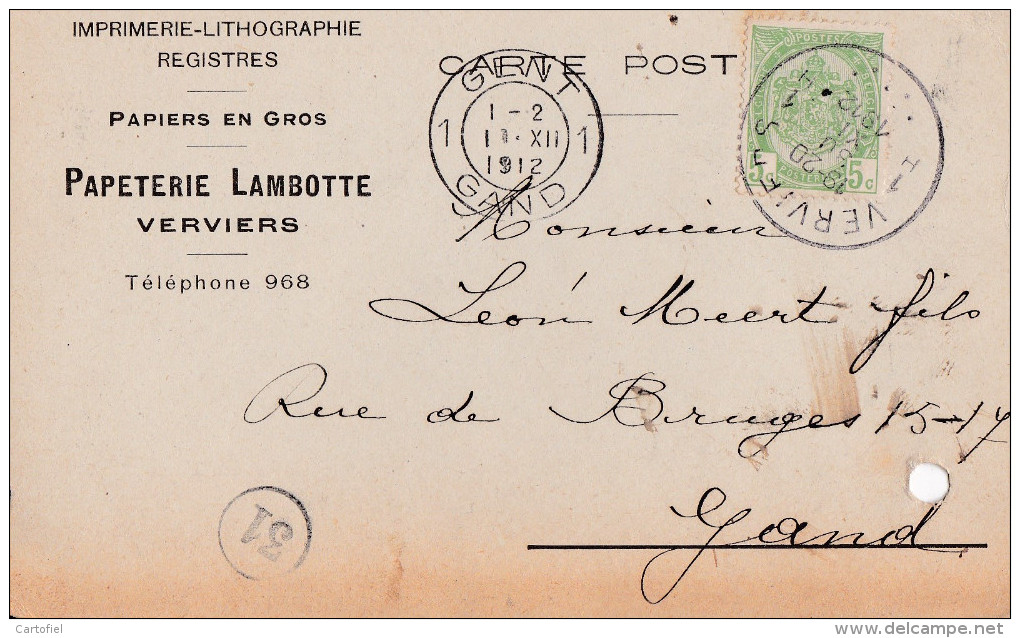 VERVIERS-IMPRIMERIE-PAPETERIE-LAMBOTTE-CARTE PUBLICITAIRE-ENVOYEE-1912-2 TROUS DE PERFORATION-VOYEZ 2 SCANS! - Verviers