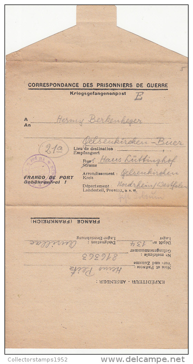 20866- WW2, WAR PRISONERS CORESPONDENCE, SENT FROM AURILLAC PRISONERS CAMP TO GELSENKIRCHEN, 1946, FRANCE - Guerre De 1939-45