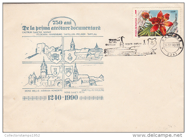 20892- FELDIOARA-PREJMER-HARMAN-SANPETRU SETTLEMENTS ANNIVERSARIES, SPECIAL COVER, LILY STAMP, 1990, ROMANIA - Lettres & Documents