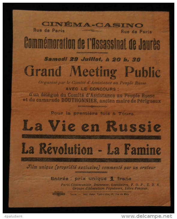 ( TOURS Indre-et-Loire) Programme Cinéma-Casino Assassinat  De Jaurès  La Vie En RUSSIE ( Film) 1920 - Programmes