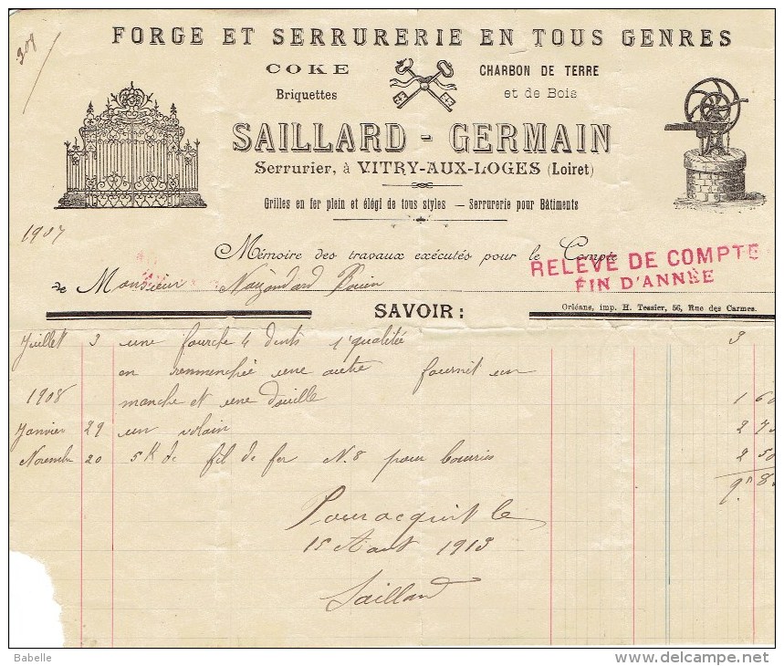 Facture De 1907  SAILLARD  GERMAIN - Serrurier à VITRY Aux LOGES - Old Professions