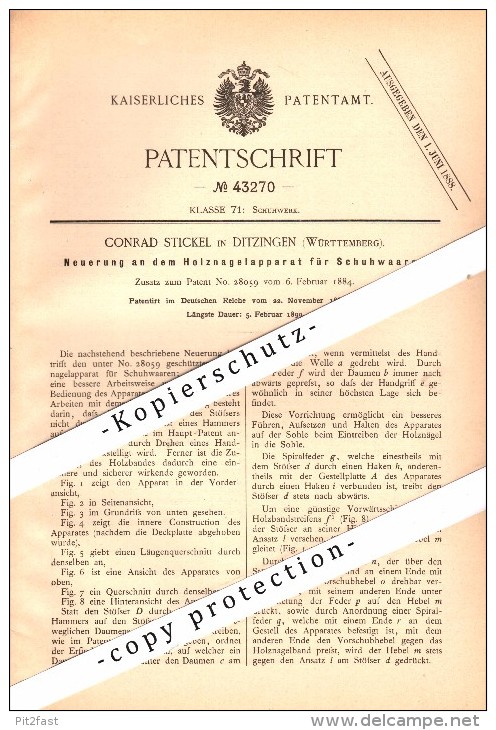 Original Patent - C. Stickel In Ditzingen , Württemberg , 1887 , Holznagelapparat Für Schuhwaaren , Schuhmacher  !!! - Ditzingen